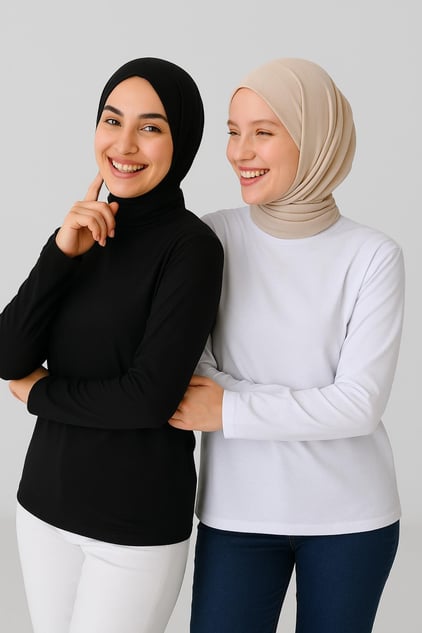 2'li Paket Balıkçı Yaka Uzun Kollu Bluz - Siyah ve Beyaz