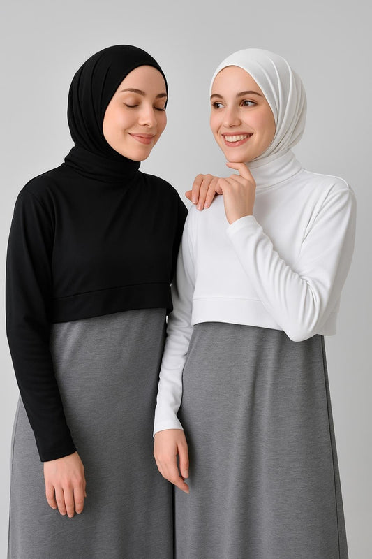 2'li Paket Uzun Kollu Crop Boyunluk - Beyaz ve Siyah