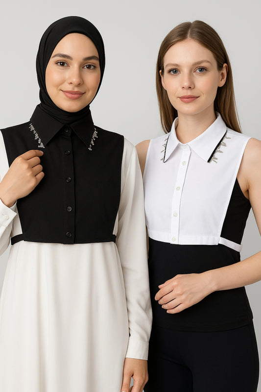 2'li Paket Zincirli Gömlek Yakası - Siyah ve Beyaz