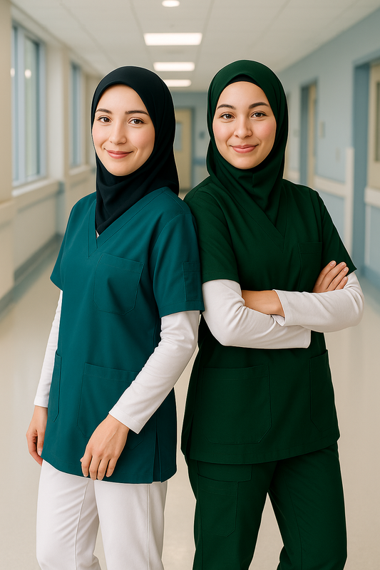 2'li Paket Tek Üst 4 Cepli Scrubs Forma - Petrol ve Yeşil