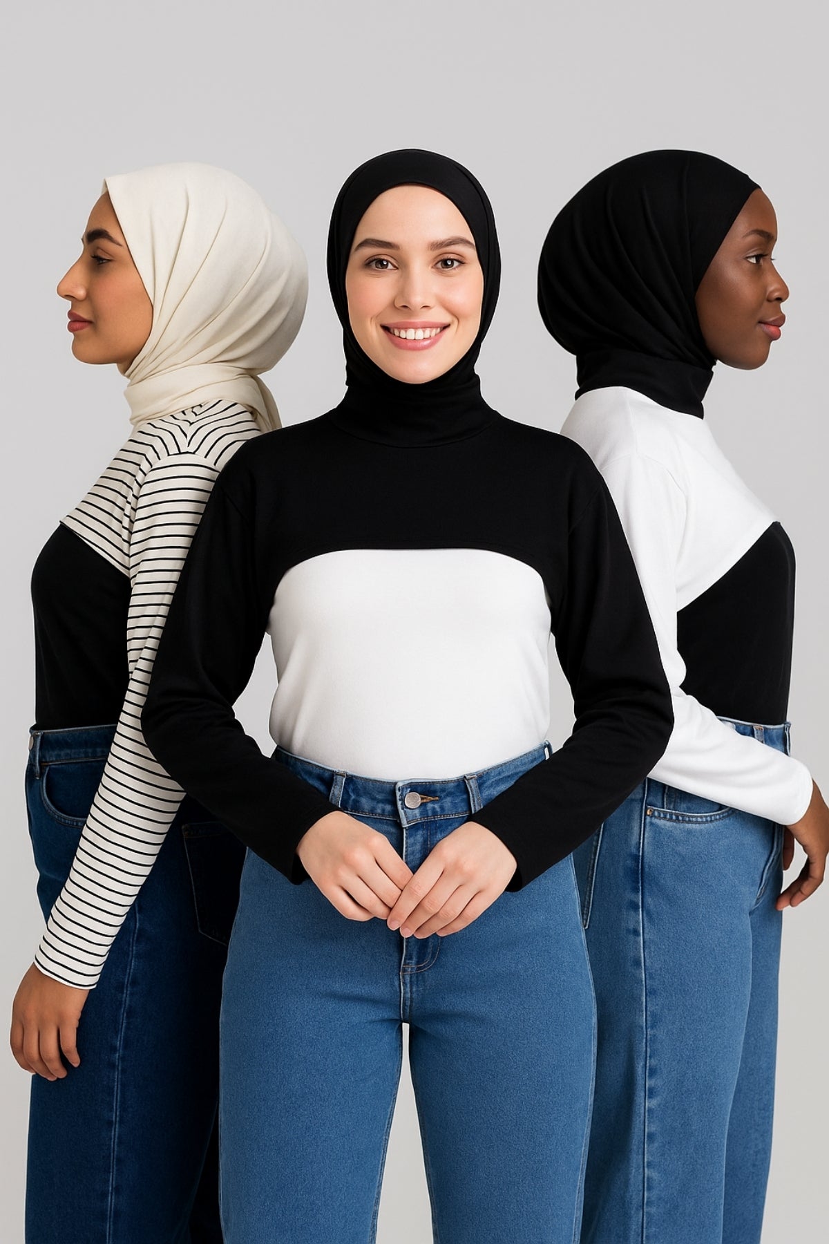 3'lü Set Dik Yaka Boyunluklu Kolluk - Beyaz, Siyah ve Beyaz Çizgili