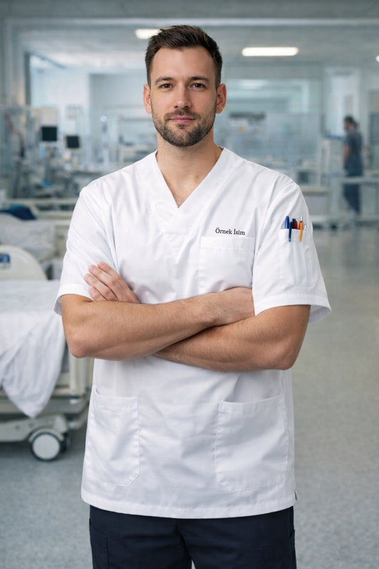 Personalized Men's Single Top 4-Pocket Scrubs Jersey - White