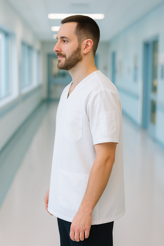 Tek Üst 4 Cepli Erkek Scrubs Forma - Beyaz