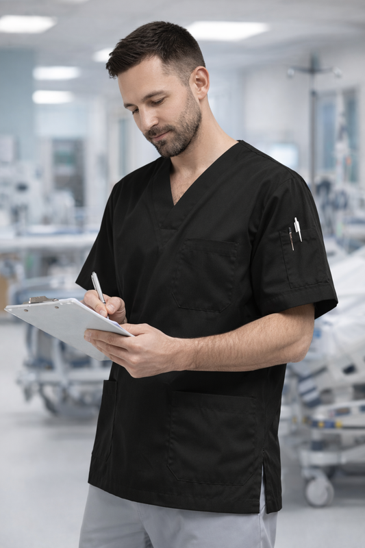 Single Top 4 Pocket Men's Scrubs Jersey - Black
