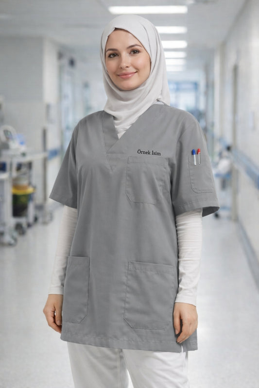 Personalized Scrubs Jersey with 4 Pockets and Custom Name - Grey