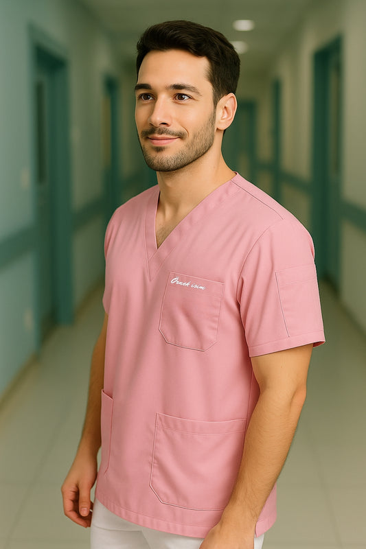Kişiye Özel İsimli Erkek Tek Üst 4 Cepli Scrubs Forma - Pembe
