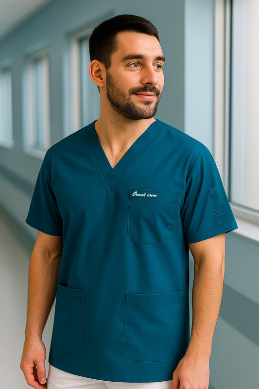 Kişiye Özel İsimli Erkek Tek Üst 4 Cepli Scrubs Forma - Petrol