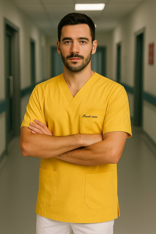 Kişiye Özel İsimli Erkek Tek Üst 4 Cepli Scrubs Forma - Sarı