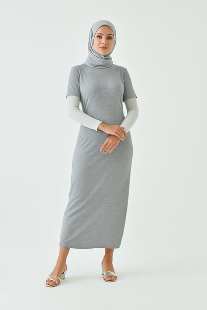 Kısa Kollu Fitilli Elbise - Gri | Outlet