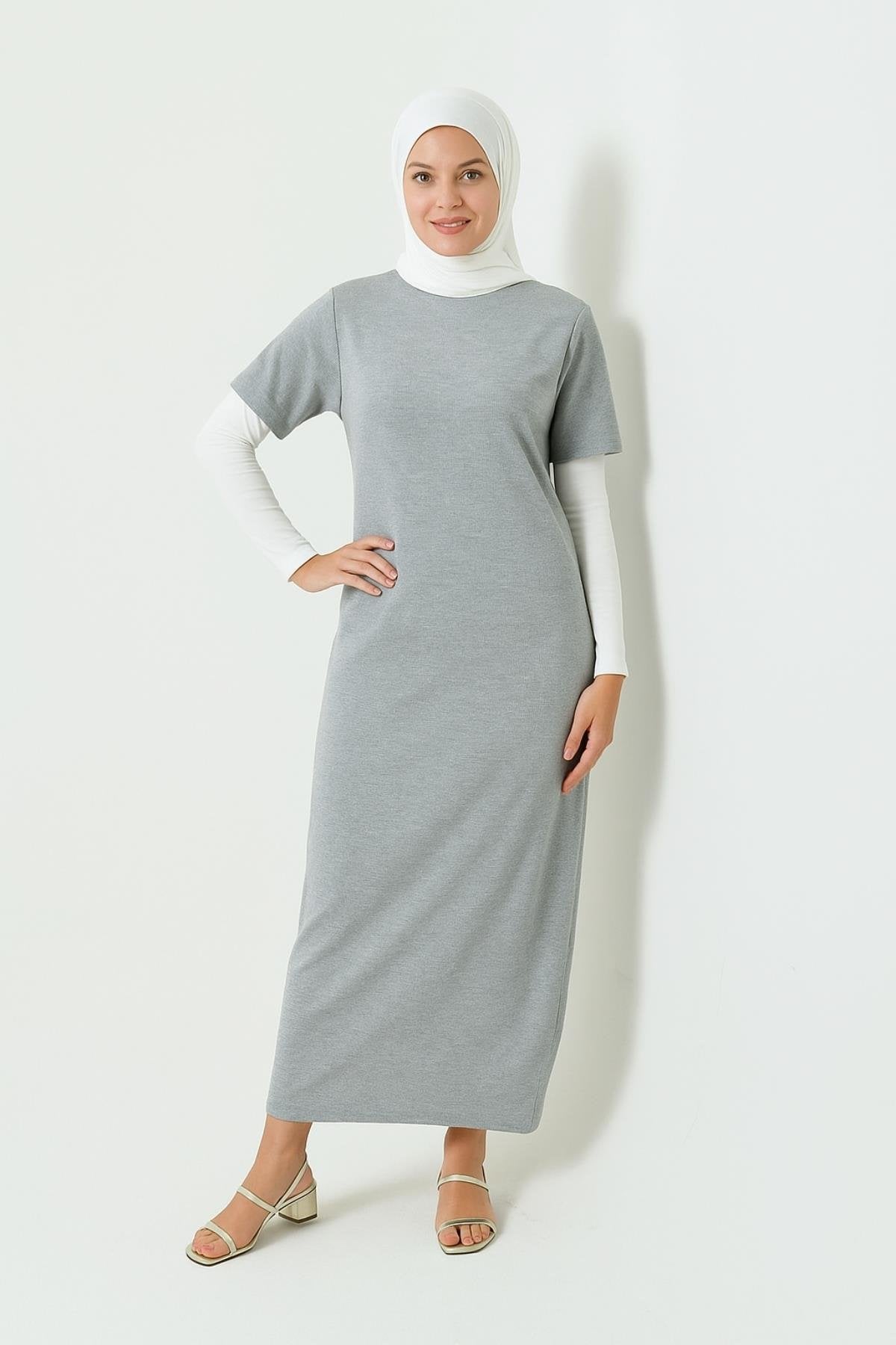 Kısa Kollu Fitilli Elbise - Gri | Outlet