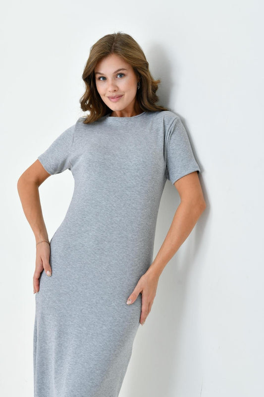 Kısa Kollu Fitilli Elbise - Gri | Outlet