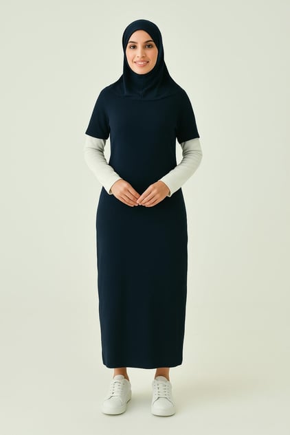 Kısa Kollu Fitilli Elbise - Lacivert