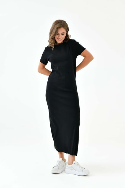 Kısa Kollu Fitilli Elbise - Siyah | Outlet