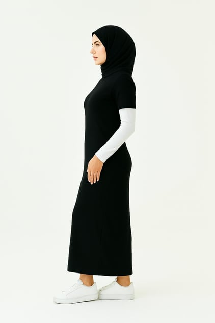 Kısa Kollu Fitilli Elbise - Siyah