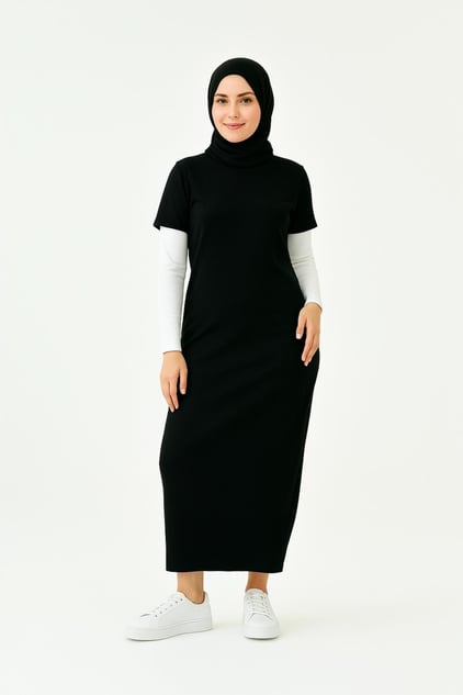 Kısa Kollu Fitilli Elbise - Siyah | Outlet