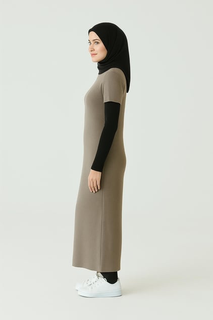 Kısa Kollu Fitilli Elbise - Sütlü Kahve