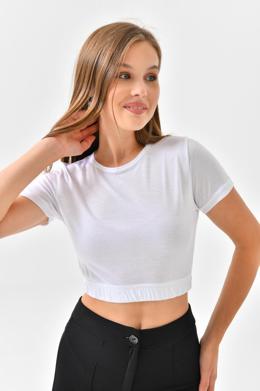 Kısa Kollu Lastik Detaylı Crop - Beyaz