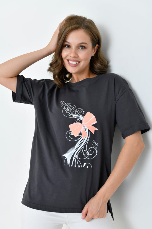 Kısa Kollu Pamuklu Tişört - Füme