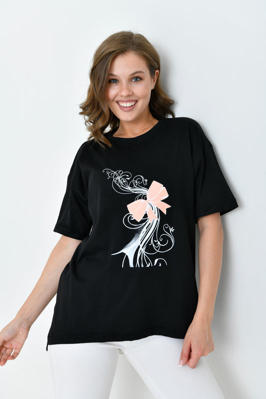 Kısa Kollu Pamuklu Tişört - Siyah