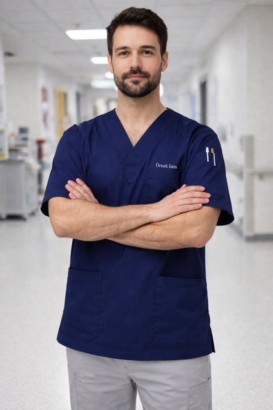 Personalized Men's Single Top Scrubs Jersey with 4 Pockets - Navy Blue