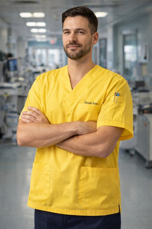 Personalized Men's Single Top 4-Pocket Scrubs Jersey - Yellow