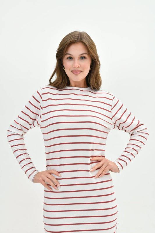 Uzun Kollu Çizgili Elbise - Kırmızı Beyaz