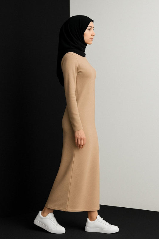Uzun Kollu Fitilli Elbise - Bej