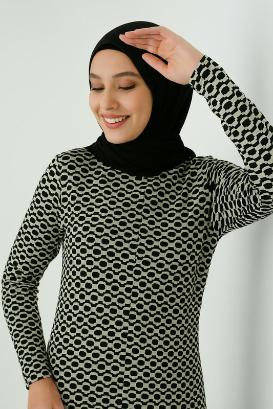 Uzun Kollu Fitilli Elbise - Geometrik Desenli