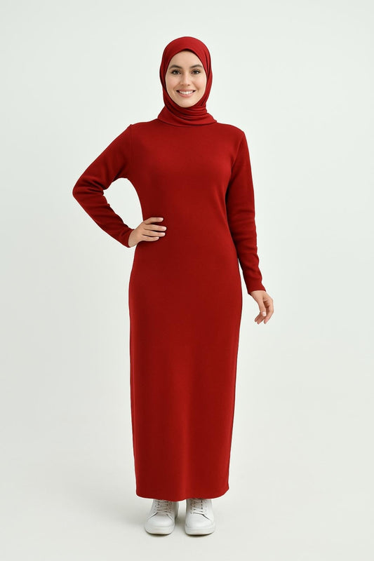 Uzun Kollu Fitilli Elbise - Kırmızı