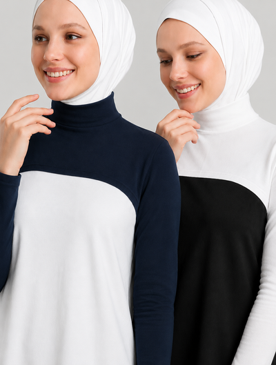2'li Paket Lacivert ve Beyaz Penye Boyunluklu Kolluk