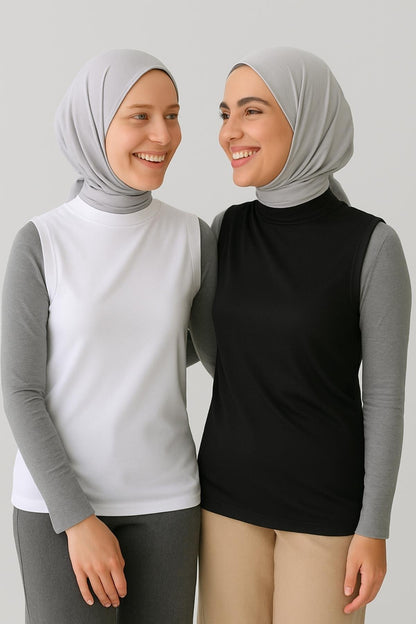 2'li Paket Balıkçı Yaka Kolsuz İçlik Seti – Siyah & Beyaz