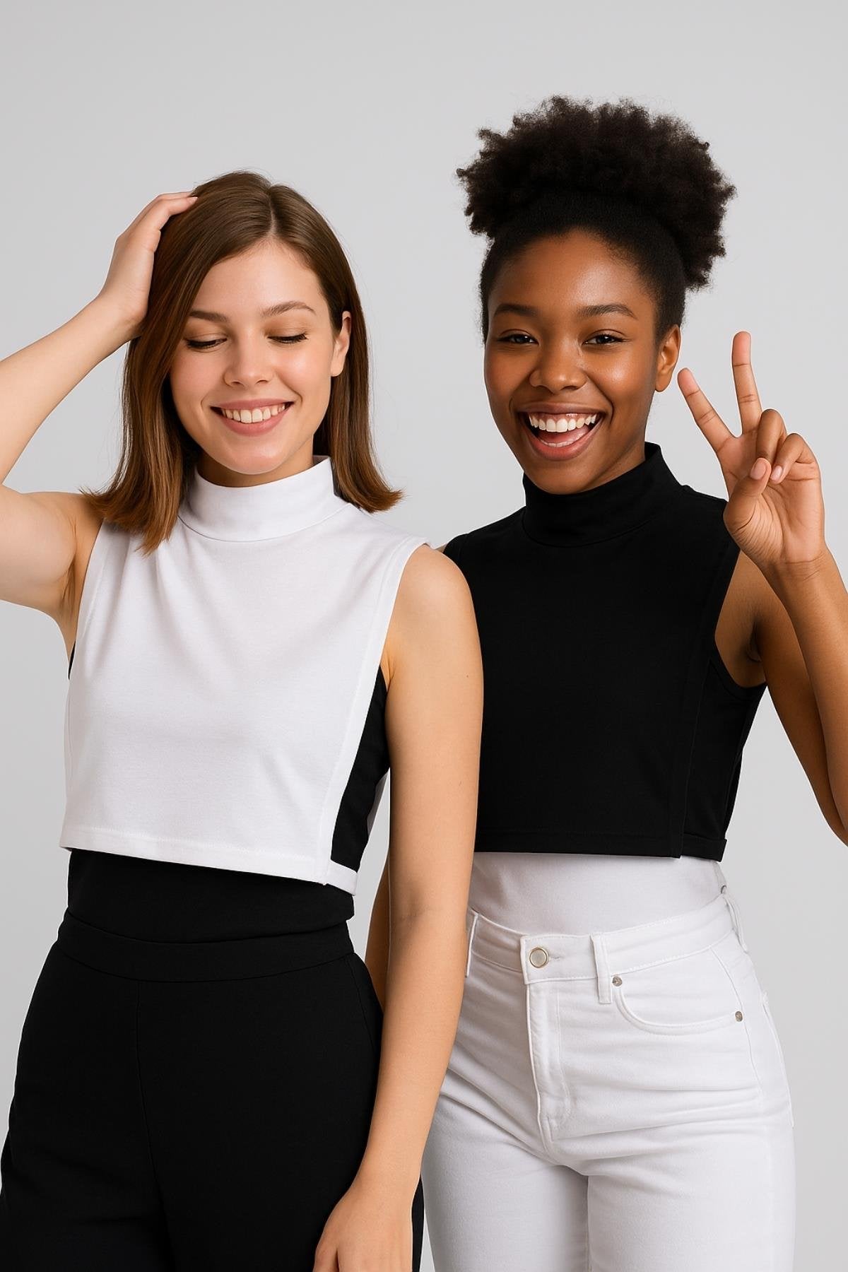 طقم من قطعتين من الياقات ذات الرقبة المدورة بدون أكمام - أبيض وأسود