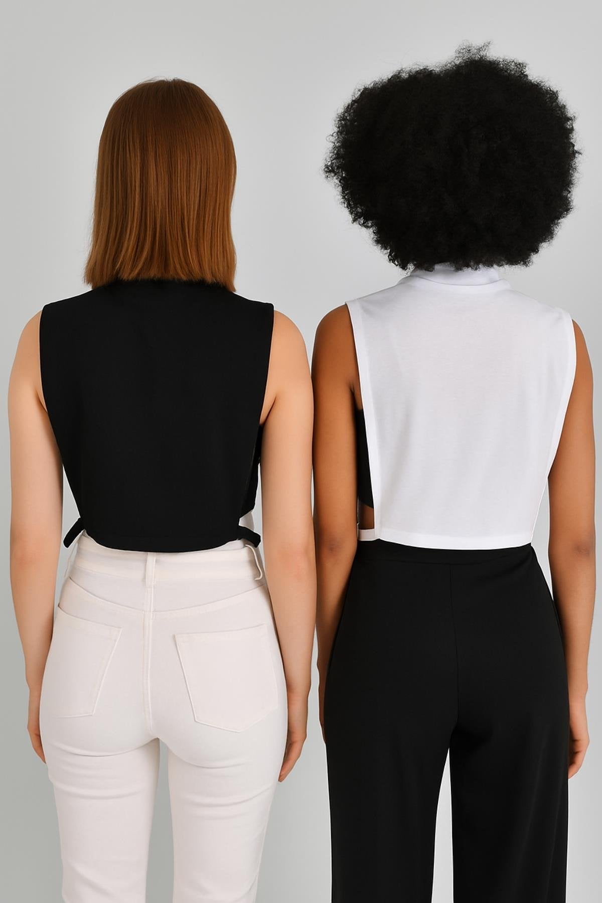 طقم من قطعتين من الياقات ذات الرقبة المدورة بدون أكمام - أبيض وأسود
