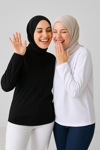 2'li Paket Balıkçı Yaka Uzun Kollu Bluz - Siyah ve Beyaz