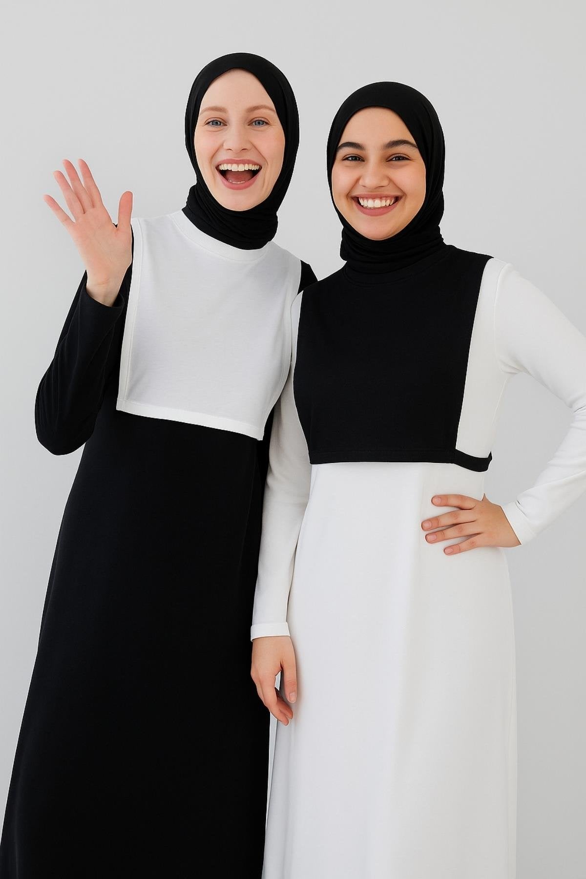 طقم من قطعتين برقبة دائرية بدون أكمام وياقة - أبيض وأسود