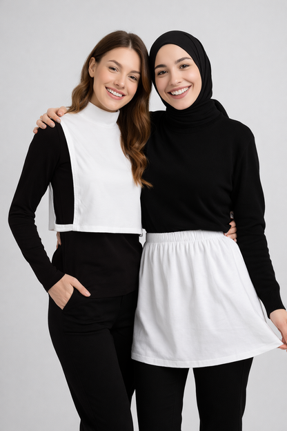 طقم مكون من قطعتين: تنورة بيضاء بفتحة جانبية وبلوزة بدون أكمام بياقة عالية