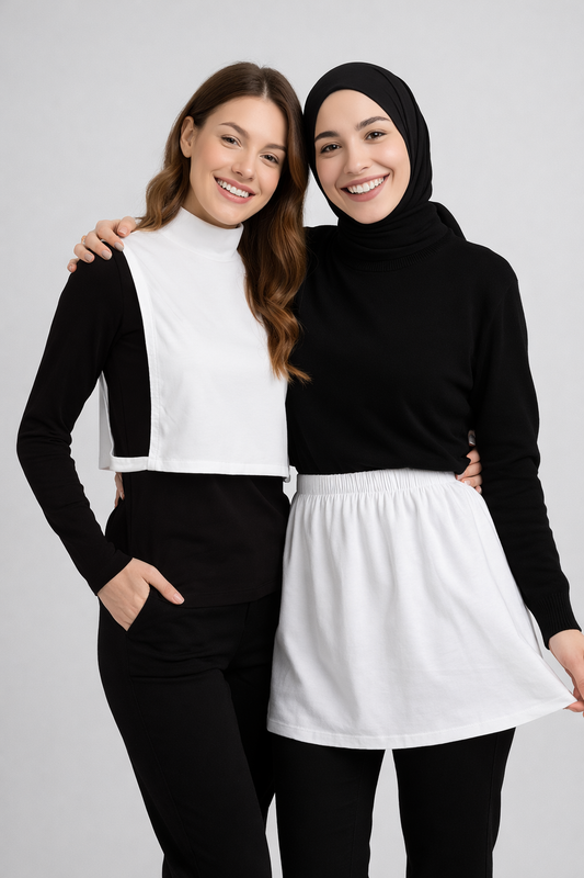 2'li Paket Beyaz Yırtmaçlı Etek ve Dik Yaka Kolsuz Boyunluk Seti