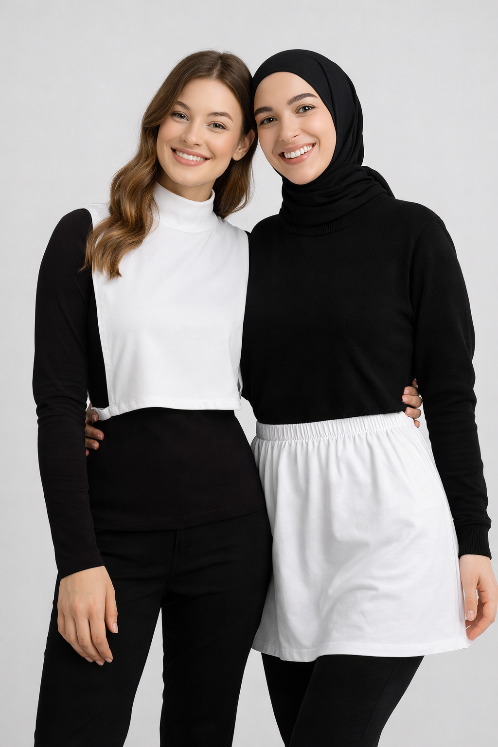 طقم مكون من قطعتين: تنورة بيضاء بفتحة جانبية وبلوزة بدون أكمام بياقة عالية