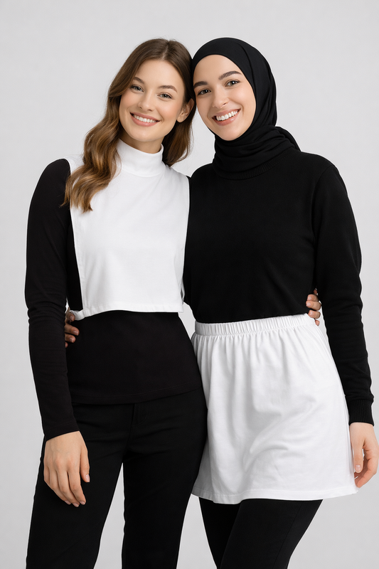 2'li Paket Beyaz Yırtmaçlı Etek ve Dik Yaka Kolsuz Boyunluk Seti