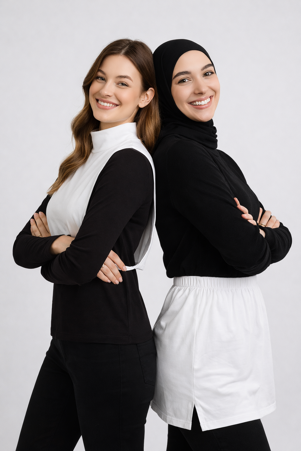 طقم مكون من قطعتين: تنورة بيضاء بفتحة جانبية وبلوزة بدون أكمام بياقة عالية