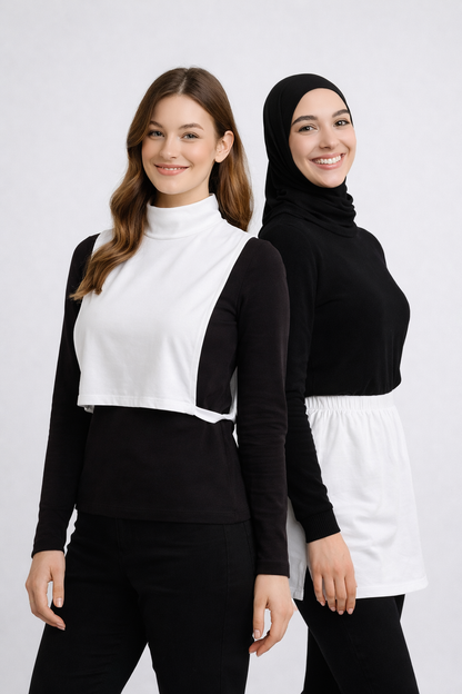 طقم مكون من قطعتين: تنورة بيضاء بفتحة جانبية وبلوزة بدون أكمام بياقة عالية