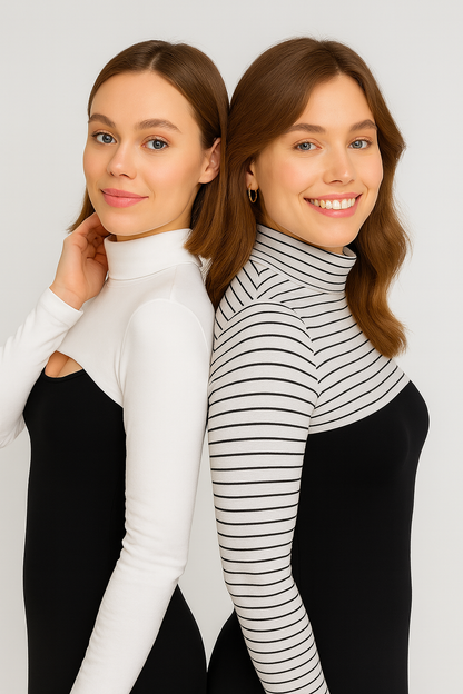 2'li Paket Dik Yaka Boyunluklu Kolluk Seti - Beyaz ve Çizgili