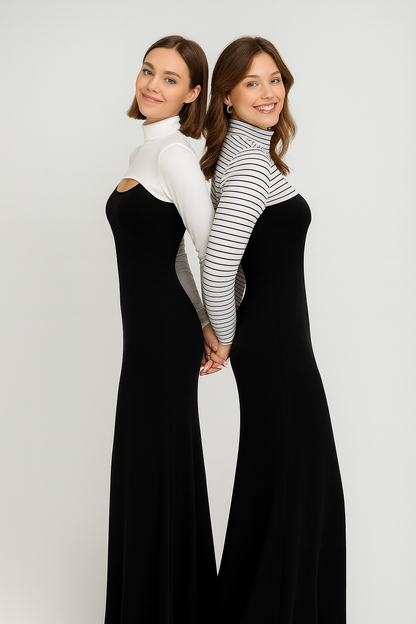 2'li Paket Dik Yaka Boyunluklu Kolluk Seti - Beyaz ve Çizgili