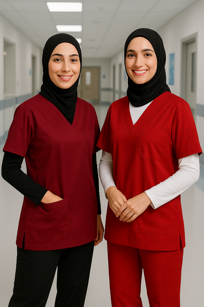 2'li Paket Tek Üst 4 Cepli Scrubs Forma - Bordo ve Kırmızı