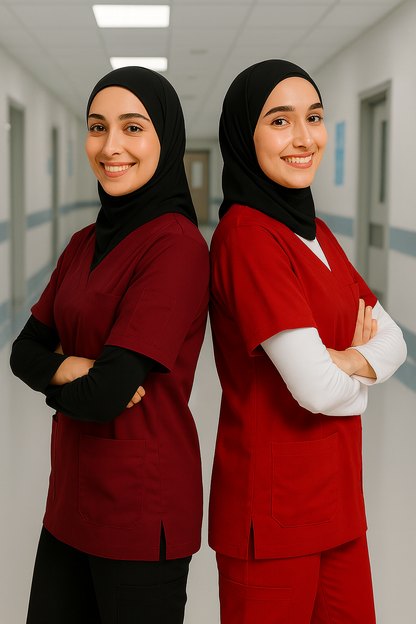 2'li Paket Tek Üst 4 Cepli Scrubs Forma - Bordo ve Kırmızı