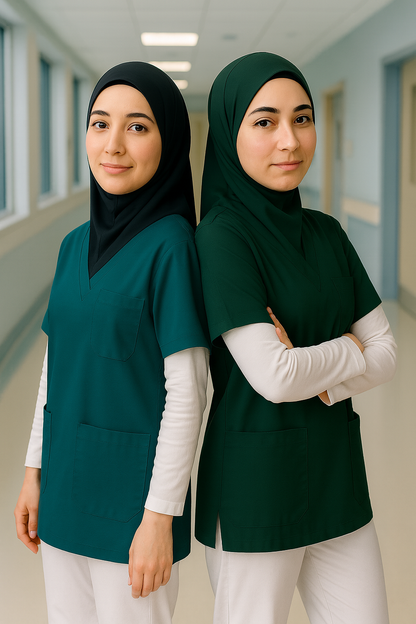 2'li Paket Tek Üst 4 Cepli Scrubs Forma - Petrol ve Yeşil