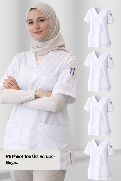 5'li Paket Tek Üst 4 Cepli Scrubs Forma