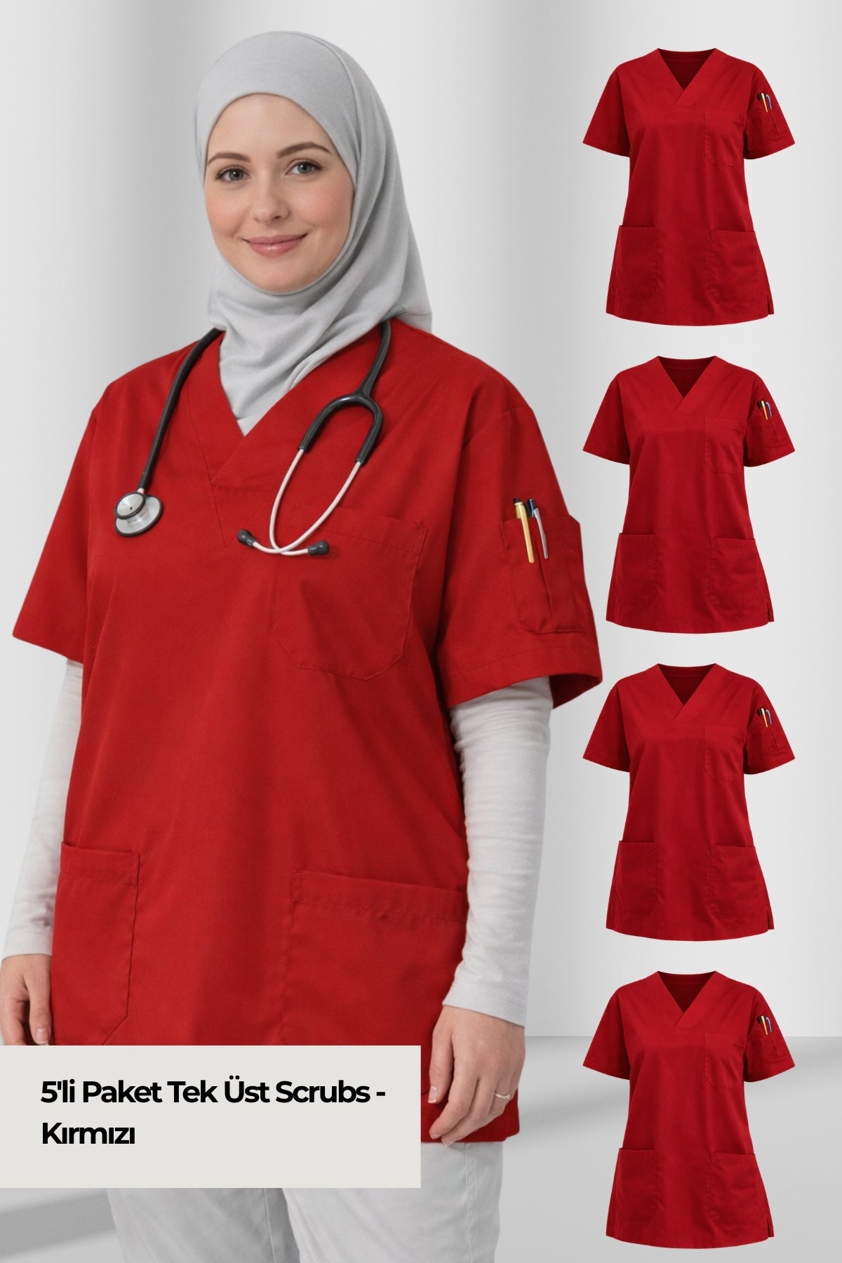 Kadın Scrubs Üst Forma Seti 5’li Paket | 4 Cepli Medikal Üst | Rahat ve Dayanıklı
