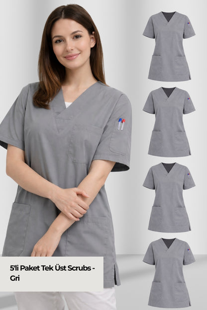 5'li Paket Tek Üst 4 Cepli Scrubs Forma