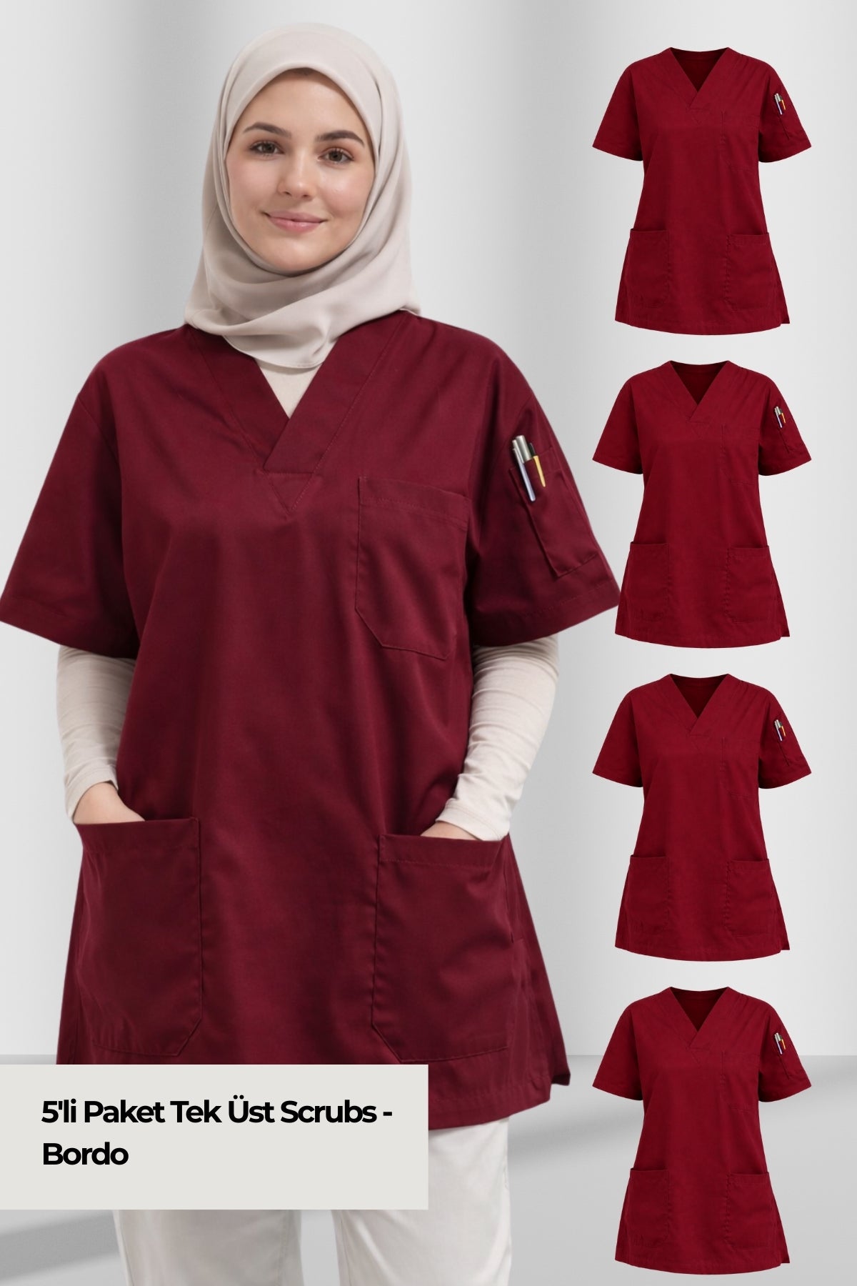 Kadın Scrubs Üst Forma Seti 5’li Paket | 4 Cepli Medikal Üst | Rahat ve Dayanıklı